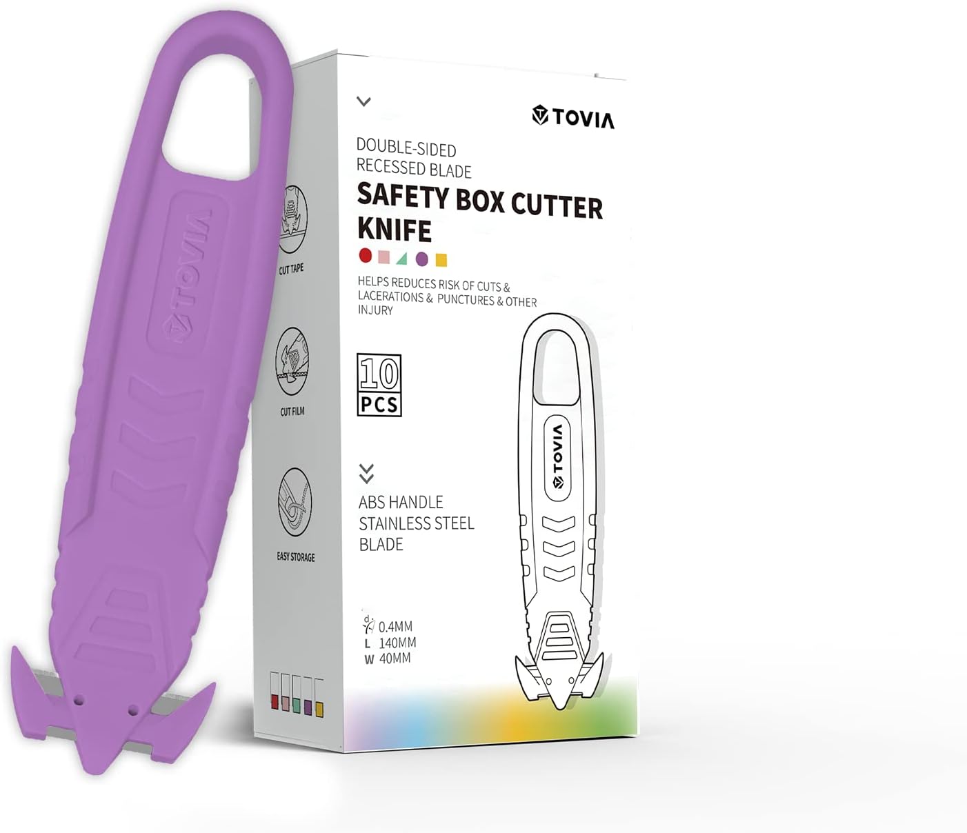 T TOVIA Safety Box Cutter Knife of Recessed Concealed Stainless Steel Blade, 10-Pack Package Opener Plastic Cutter for Box, Carton, Shrink Wrap, Plastic Straps, 5 Color