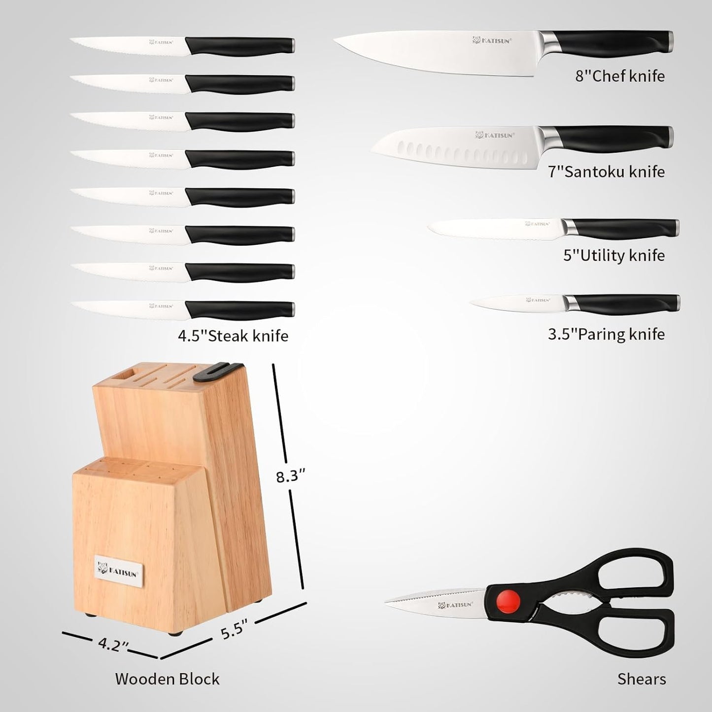 Kitchen Knife Set,14-Piece Knife Set With Block Wooden, Self Sharpening For Chef Knife Set, High Carbon German Stainless Steel Hammered Collection Knife Block Set, Dishwasher Safe Cutlery, Cream