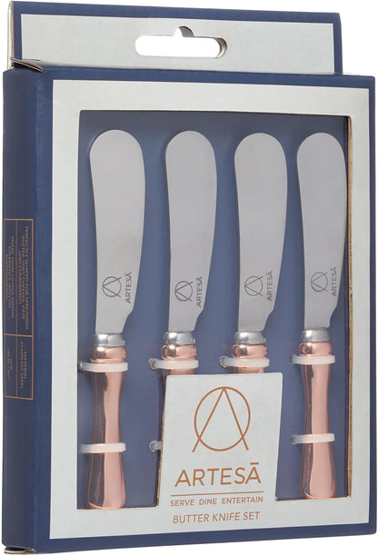 Artesà Butter Knife Set with Rose Gold-Effect Handles, Pack of 4, Knives for Spreading Cheese, Crackers, Butter, Ideal Dinner Party Gift, Stainless Steel, 12cm, Multicolor