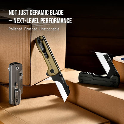 OKNIFE U1 Ultra Titanium Pocket Folding Utility Knife w/Ceramic Blade, Button Lock EDC Box Cutter with Clip for Men Women