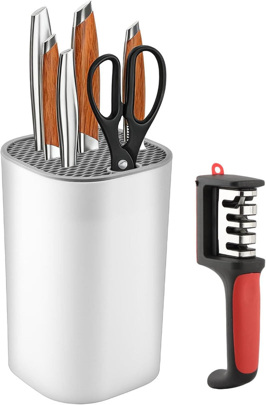 1 Kitchen Knife Block with 1 knife sharpener, Kni-fe Block without Knives, Large Volume Detachable Kni-fe Holder with Scissors Slot, Easy to Clean(COLOR:as shown)