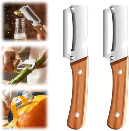 2PCS 2026 New Multi-functional Vegetable Peeler, All-in-one Stainless Steel Peeler with Bottle Opener, Thickened Fruit Peeler Knife for Shredding Scallions and Peeling Fruits (Red+Brown)