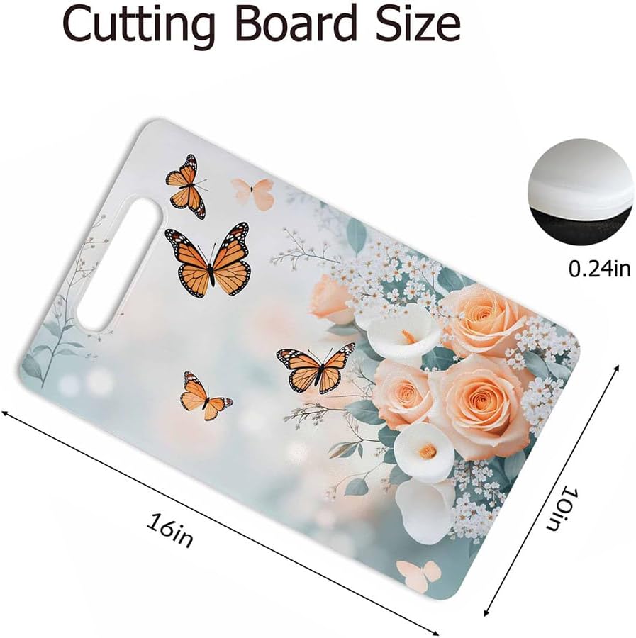 Coffee Set Cutting Board with Handles Coffee Maker Muffin Cup Flower Hot Drink Love Cutting Boards Plastic Safe Chopping Board for Kitchen 16" x 10" x 0.24"