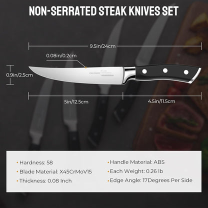 Steak Knives Set of 8, 5 Inch Non Serrated Steak Knife with Walnut Block, Razor-Sharp German Stainless Steel Dinner Knives, Durable Full Tang Forged Straight Edge Meat Knife for Home Dining&Gift