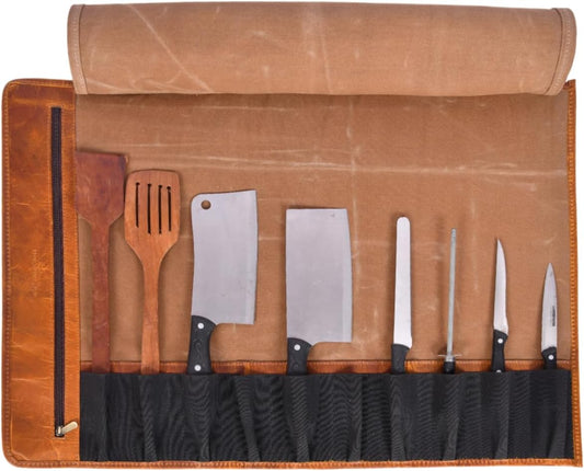 Professional Chef Knife Roll Bag, 8-Piece Kitchen Utensil Set with Leather Case, Navy Blue and Brown (Leather, Caramel)