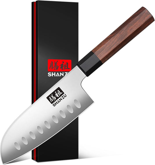 SHAN ZU 5 Inch Santoku Knife for Small Hands, Japanese High Carbon Steel Kitchen Knife, Multi-function Mini Size Sharp Chef Knives with Ergonomic Red Sandalwood Handle, Sashimi Knives