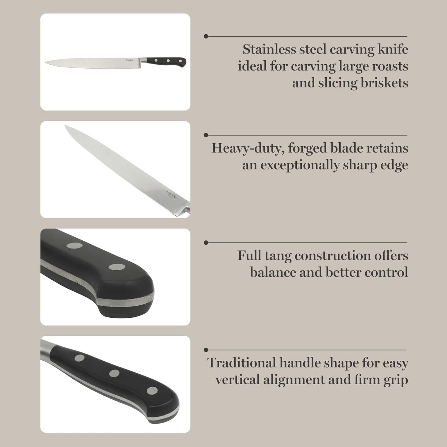 Martha Stewart Carverton 10" Hollow Edge Slicer Knife, High Carbon Stainless Steel Kitchen Knives w/Black Triple Riveted Handle