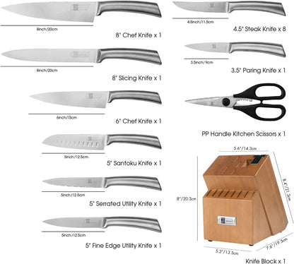 Knife Set, 17 Piece Dishwasher Safe Kitchen Knife Set with Block Super Sharp Stainless Steel Knife Sets for Kitchen with Block, Scissors & Built-in Sharpener