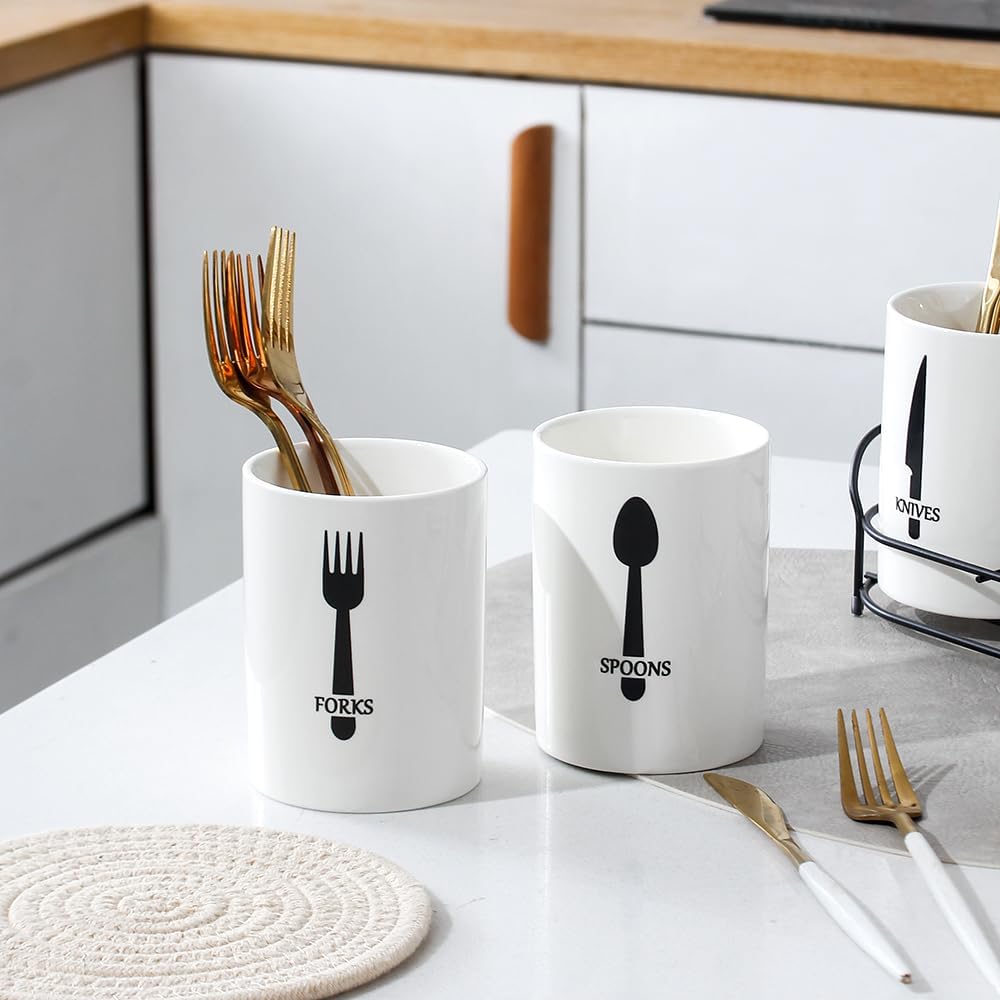 3-Piece White Ceramic Silverware Cutlery Holder with Black Metal Rack, Utensil Holder Flatware Caddy Cutlery Storage Organizer for Kitchen and Countertop (White)