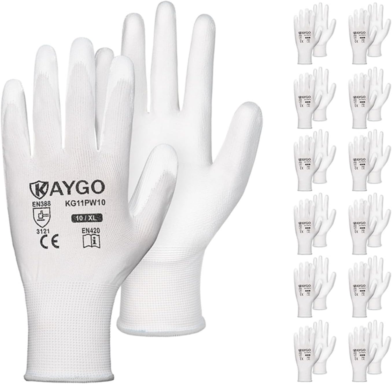 KAYGO Work Gloves for Men and Women,12 Pairs Seamless Knit PU Coated Safety Gloves, with Smooth Grip on Palm and Fingers, Ideal for Light Warehouse, Manufacturing, Gardening, KG11P (M, Black)