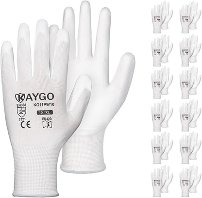 KAYGO Work Gloves for Men and Women,12 Pairs Seamless Knit PU Coated Safety Gloves, with Smooth Grip on Palm and Fingers, Ideal for Light Warehouse, Manufacturing, Gardening, KG11P (M, Black)