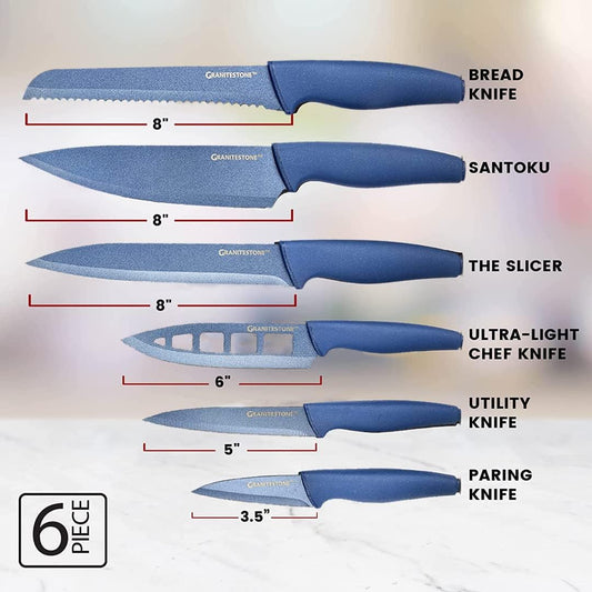 Granitestone Nutriblade Knife Set, High Grade Professional Chef Kitchen Knives Set, Knife Sets Toughened Stainless Steel w Nonstick Mineral Coating, Blue, 6 Piece