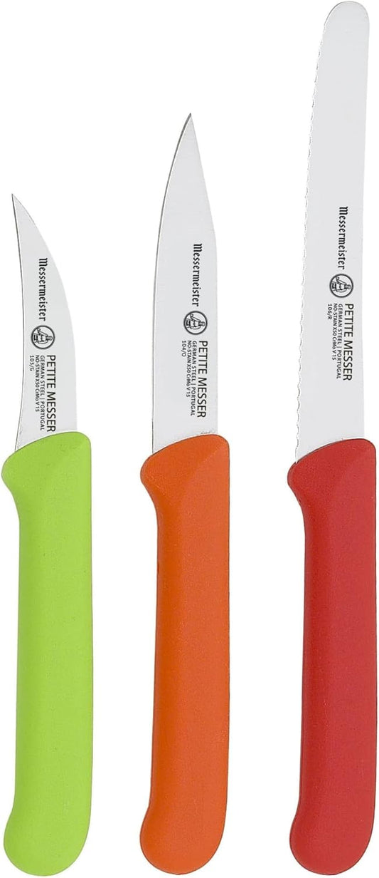Messermeister Petite Messer Parer Trio Set with Matching Sheath, Blue - Includes 2.5” Bird's Beak Parer, 3” Clip Point Parer & 4.5” Serrated Tomato Knife - Lightweight & Rust Resistant