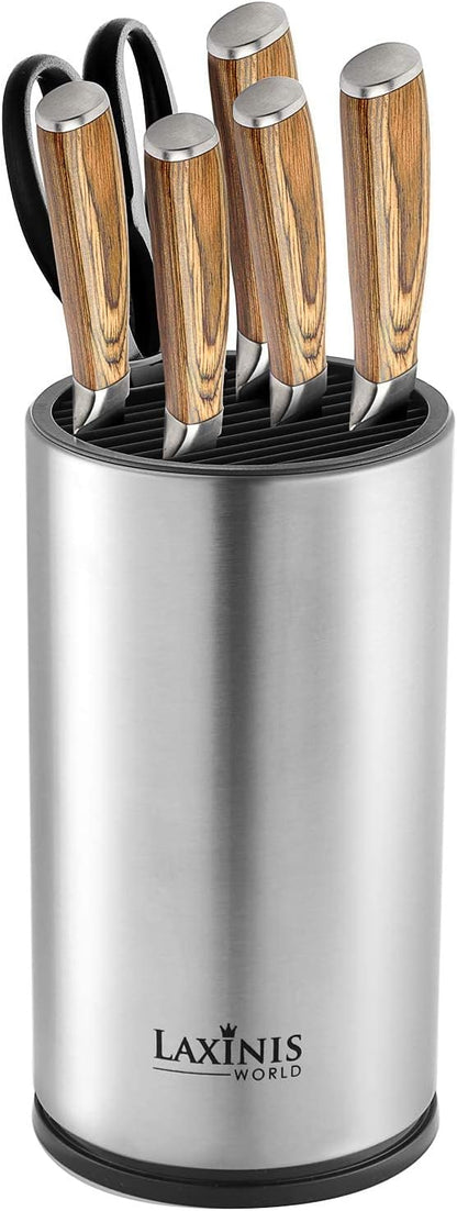 Laxinis World Universal Knife Block, Stainless Steel Round Knife Holder with Scissors-Slot, Counter-top Storage, Holds 12 8.5”-Blade Knives, 9” by 4.5” (knives not included)