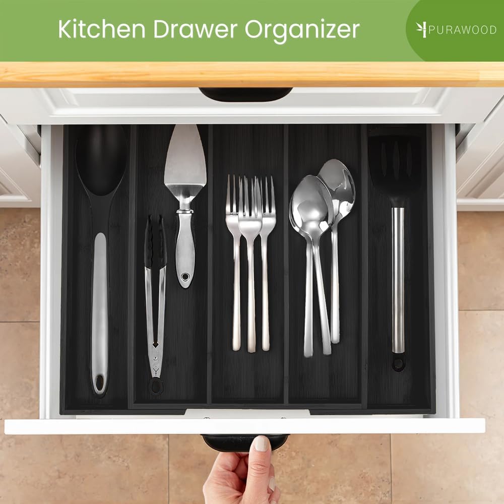 Purawood Kitchen Drawer Organizer with Knife Blocks - Utensil Drawer Organizer for Kitchen, Cutlery Tray & Silverware Organizer, 3-5 Slots - Bamboo Organizer for Utensils & Flatware (Natural)
