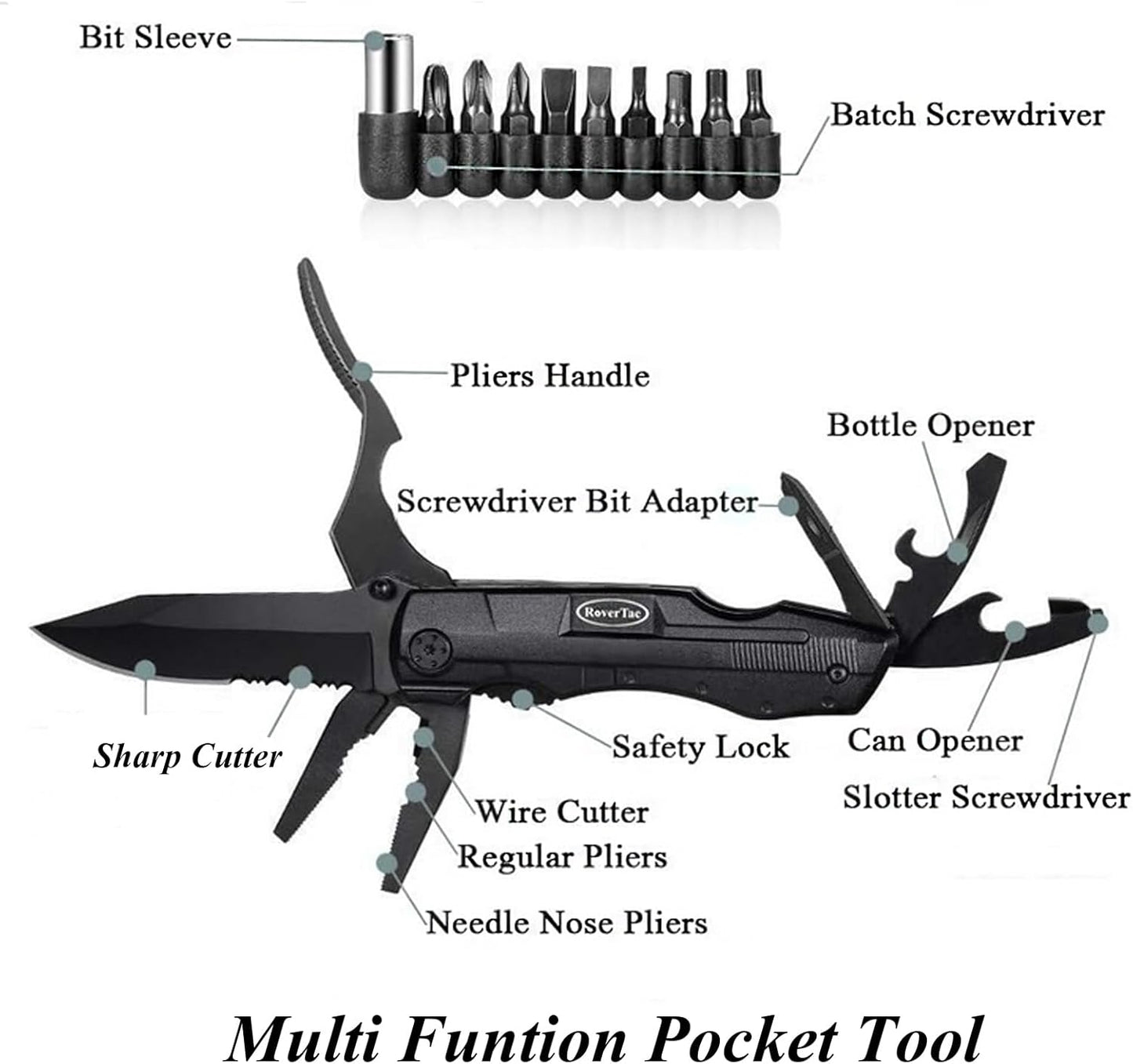 RoverTac Pocket Knife, 15-in-1 Multitool with Pliers, Bottle & Can Opener, 9 Screwdriver Bits, Locking Mechanism & Nylon Sheath - EDC Multi Tool for Camping, Hiking & DIY, Gift for Men & Dad