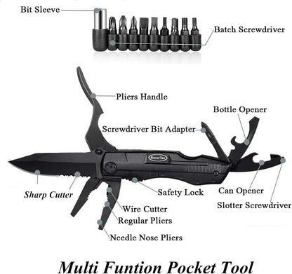 RoverTac Pocket Knife, 15-in-1 Multitool with Pliers, Bottle & Can Opener, 9 Screwdriver Bits, Locking Mechanism & Nylon Sheath - EDC Multi Tool for Camping, Hiking & DIY, Gift for Men & Dad