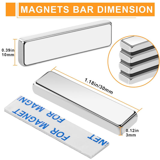 MIKEDE Magnets, 6 Pack Neodymium Bar Magnets with Double-Sided Adhesive, Strong Magnet Heavy Duty Magnetic Strips, Powerful Rare Earth Metal Magnet for Locker, Fridge, Office - 40x10x5 mm