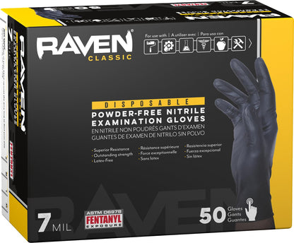 Raven Powder Free Nitrile Disposable Gloves 7 Mil - XL Latex Free, Chemical + Puncture Resistant, Textured Grip, Single Use for Automotive, Industrial, Janitorial, MRO, Food Service 66519