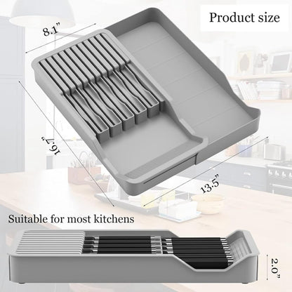 Knife Holder, in Drawer Knife Block Holder with Expandable Cutlery Tray Kitchen Drawer Organizer Insert-Holds 11 Knive