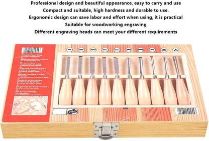Carving Tools Set, 10Pcs with Wooden Handles in a Wooden Storage Case Carving Knife Chisel Kit Set