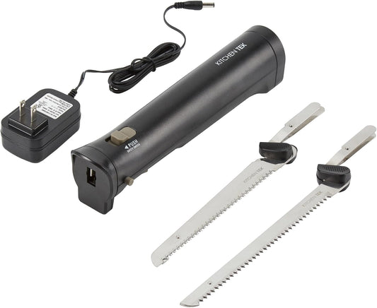 Restaurantware-Kitchen Tek Electric Knife Set, 1 Electric Knife With Motorized Handle - Includes 1 Bread and 1 Carving Tool, 1 Case, Black Plastic Food Cutter With Stainless Steel Blades