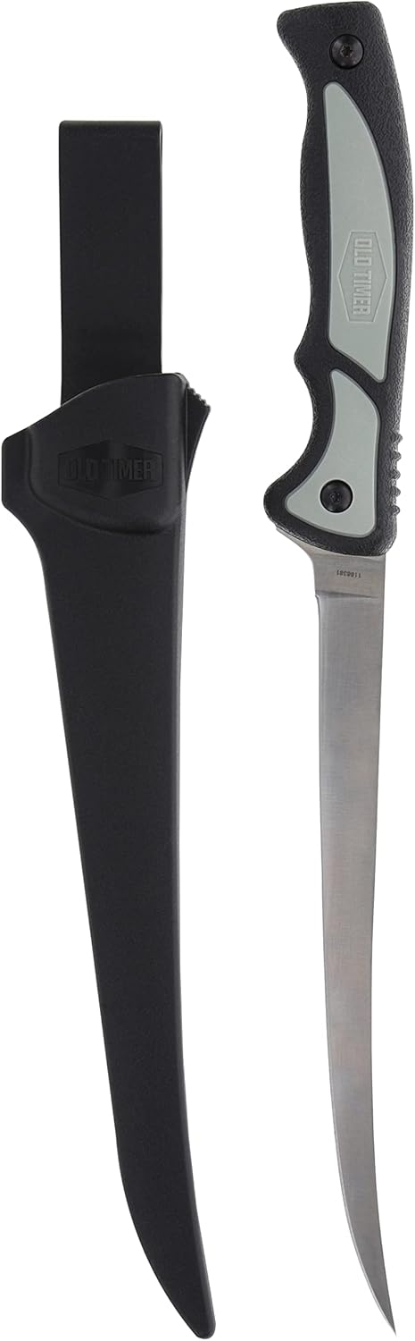 Old Timer Trail Boss Fillet Knife 7.5in with Stainless Steel Fixed Blade, Full Tang Construction, Ergonomic Handle, TPE Non-Slip Grip, and Custom Molded Sheath for Fishing, Filleting, and Outdoors