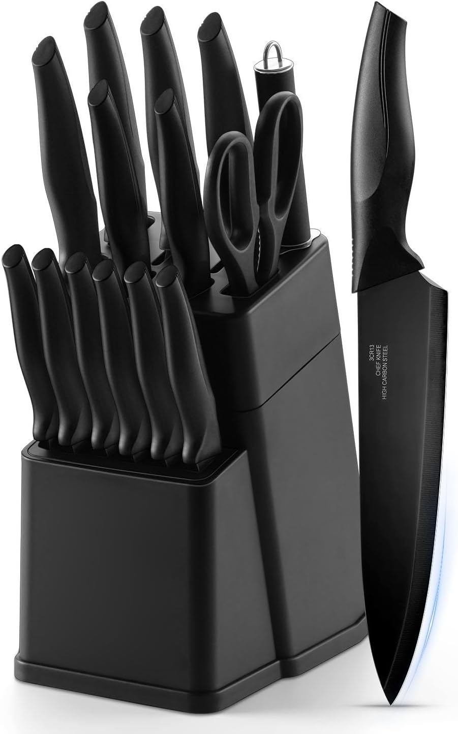 Vesteel Knife Set for Kitchen with Block, 15 Pcs High Carbon Stainless Steel Kitchen Knife Set with Sharpener Kitchen Shears - Black