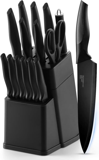 Vesteel Knife Set for Kitchen with Block, 15 Pcs High Carbon Stainless Steel Kitchen Knife Set with Sharpener Kitchen Shears - Black