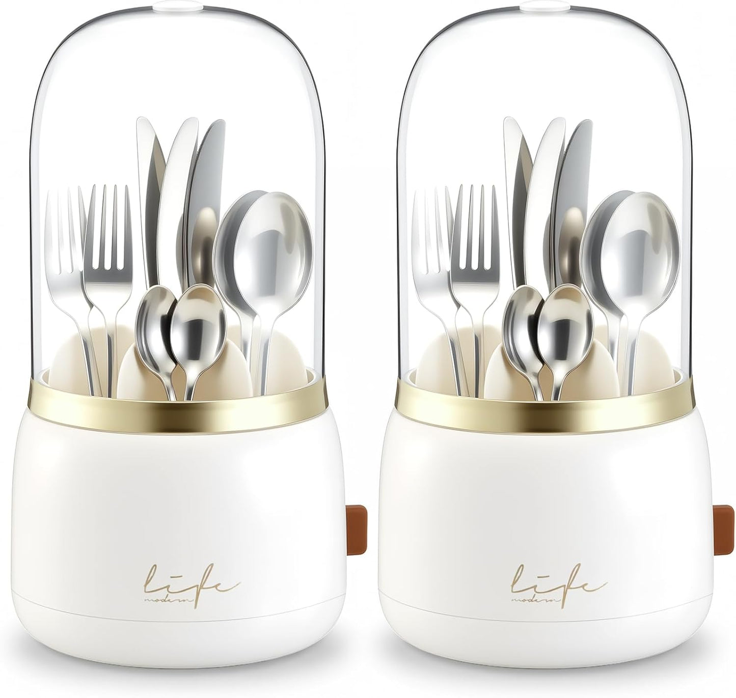 2 Pack 360° Rotating Silverware Organizer, Utensil Holder with Lid for Kitchen Counter Silverware Caddy with Drainage Dustproof Flatware Holder for Cutlery Spoon Fork(Diamond White,3 Slot)