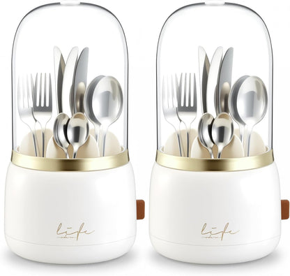 2 Pack 360° Rotating Silverware Organizer, Utensil Holder with Lid for Kitchen Counter Silverware Caddy with Drainage Dustproof Flatware Holder for Cutlery Spoon Fork(Diamond White,3 Slot)