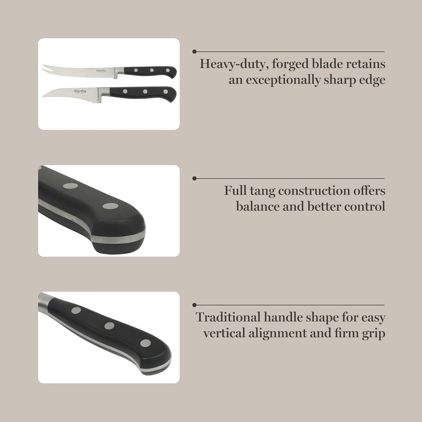Martha Stewart Carverton 10" Hollow Edge Slicer Knife, High Carbon Stainless Steel Kitchen Knives w/Black Triple Riveted Handle