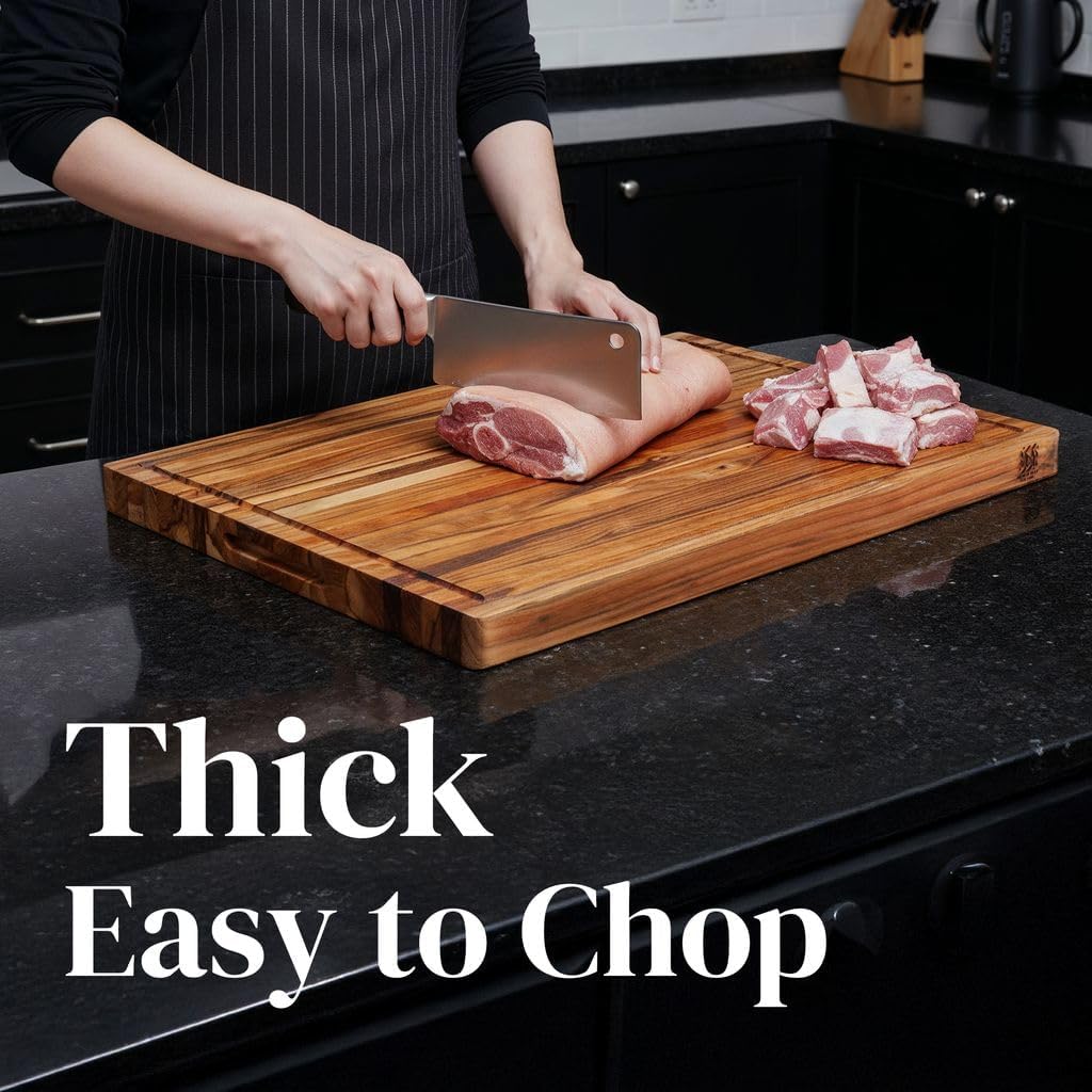 Teak Wood Cutting Board 18" x 14" x 0.6", 2-Piece Set for Kitchen Meat & Food Prep - Large Thin Edge Grain, Deep Juice Groove, Lightweight Solid Hardwood, Non-Toxic, BPA Free by New M Way