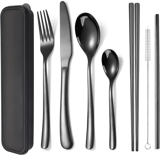 AARAINBOW 6 Pieces 18/8 Stainless Steel Flatware Set Portable Reusable Cutlery Set Travel Utensils Set Including Chopsticks Knife Fork Spoon Straws Cleaning Brush Dishwasher Safe (Rose Gold)