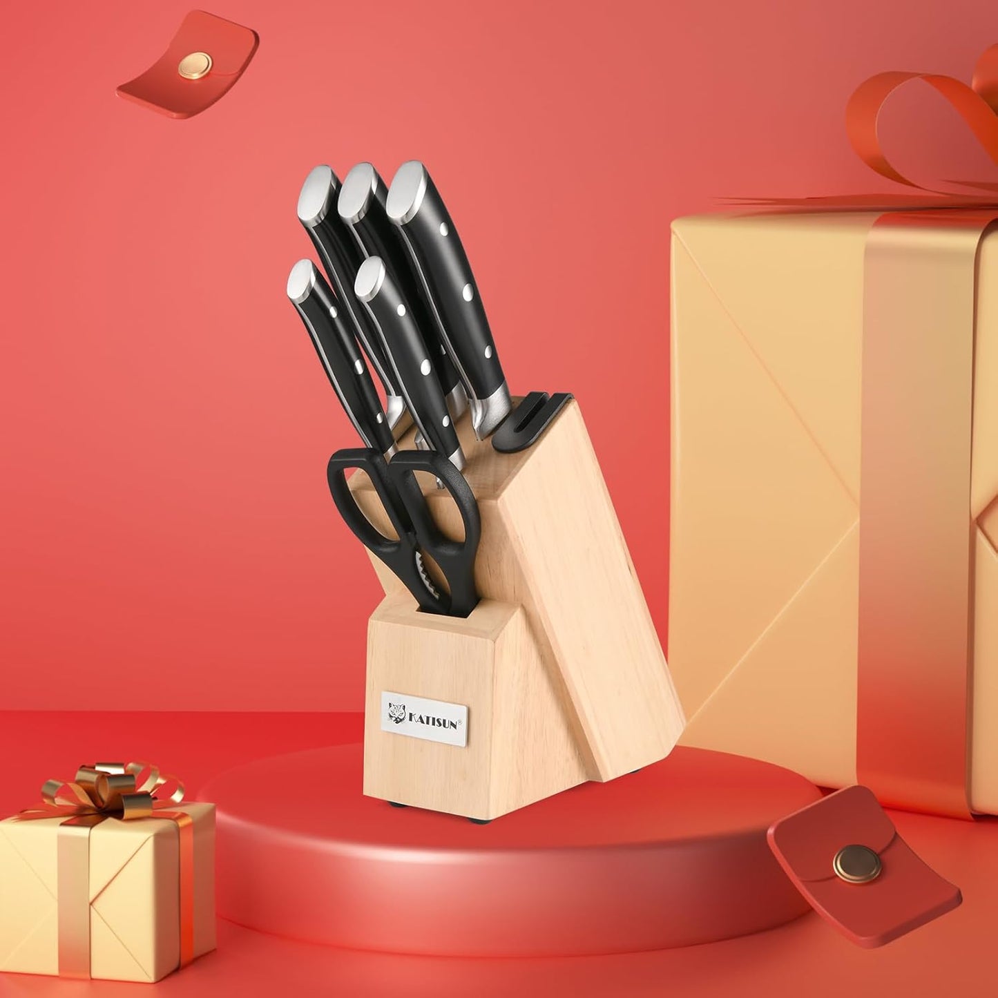 Kitchen Knife Set,14-Piece Knife Set With Block Wooden, Self Sharpening For Chef Knife Set, High Carbon German Stainless Steel Hammered Collection Knife Block Set, Dishwasher Safe Cutlery, Cream