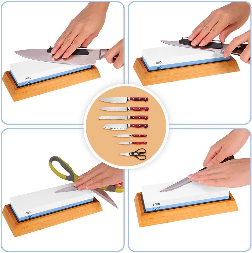 MASSUGAR Whetstone Knife Sharpening Stone Set, 2-Sided Premium Wet Stone Sharpener 1000/6000 Grit Wetstone Kit for Kitchen knives with Non-Slip Bamboo and Silicon Base Angle Guide, Flattening Stone