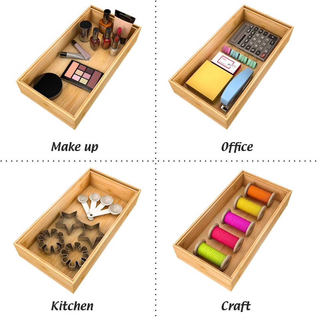 Utensil Organizer Silverware Drawer Organizer - Stackable Bamboo Flatware Caddy Cutlery Holder, Wooden Storage Boxes Tray for Bedroom,Office, Bathroom, Vanity & Garage Tool Organization(9"3"2.5")