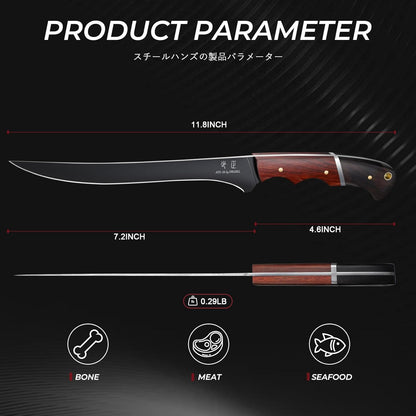DRGSKL Boning Knife 7 inch - Brisket Trimming Knives for Meat Cutting, Black Butcher Slicing Knives with Full Tang Handle, Kitchen Fillet Knife for Birthday Dad Mom Gift