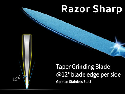 8 Inch Slicing Knife, German High Carbon Stainless Steel Blade and Ergonomic Comfortable Handle, Non-Stick Slicer Knife for Carving Slicing Cutting of Meat Vegetables and Fruits-Blue