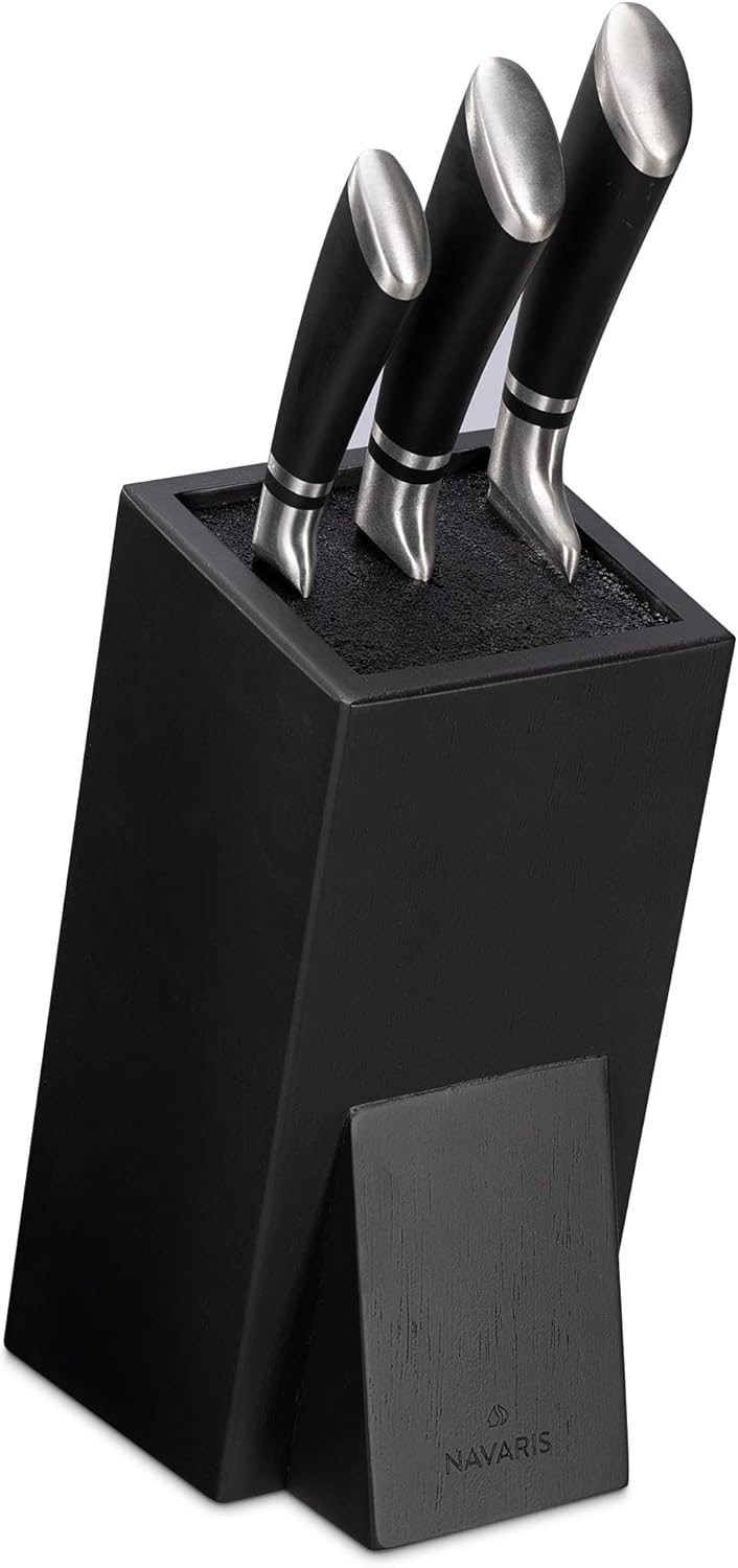 Navaris Universal Knife Block Holder - Rubber Wood Stand with Bristles to Fit Different Sizes of Knives - Angled Design, 9.8" x 5.9" x 4.1’" - Black