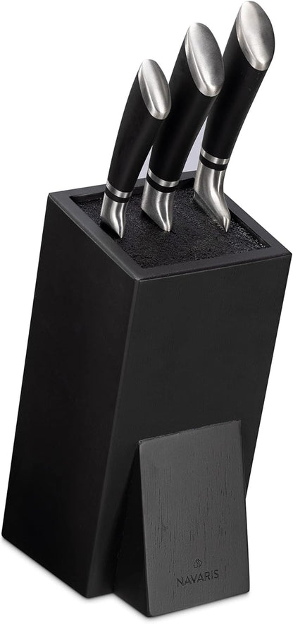 Navaris Universal Knife Block Holder - Rubber Wood Stand with Bristles to Fit Different Sizes of Knives - Angled Design, 9.8" x 5.9" x 4.1’" - Black