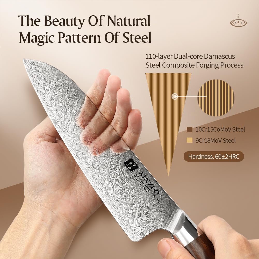 XINZUO 8.3 Inch,110 Layers Damascus Steel Chef Knife Cleaver, Professional Hand Forged Kitchen Cooking Knife,Full Tang,Sharp Slicing Knife Gyuto Knife-North America Desert lron Wood Handle