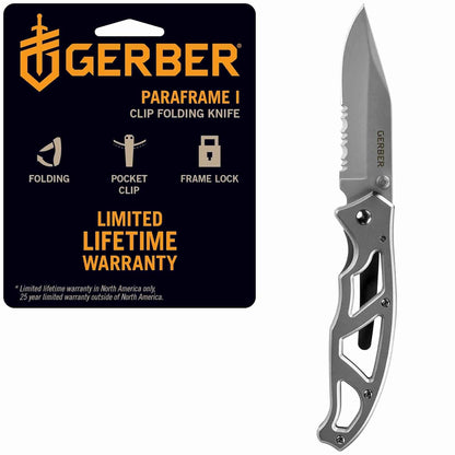 Gerber Gear Paraframe I EDC Folding Pocket Knife, 3" Serrated Edge with Safety Frame Lock, Stainless Steel, Grey