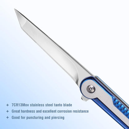 FUNBRO EDC Pocket Knife - 7CR13Mov Steel Tanto Blade, Slim Survival Knife with Clip and Liner Lock, Window Breaker for Outdoor Camping- Stocking stuffer Gifts for Men Women