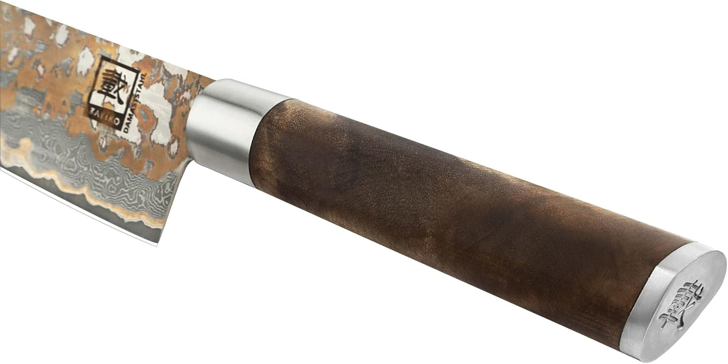 zayiko MysticMagma Nakiri Damascus Knife, 17 cm Blade made of 67 Layers of Damascus Steel with copper and bronze Inlay, DualCurve Handle made of maple root Wood, wooden Box