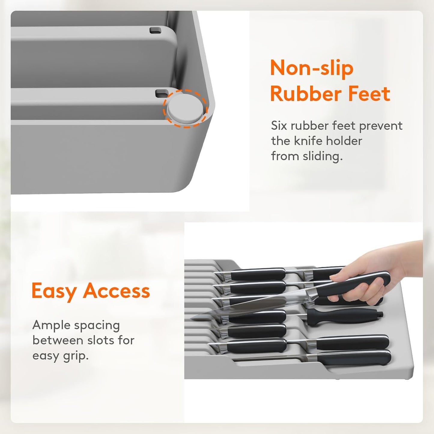 Lifewit Magnetic Drawer Knife Organizers Insert, Kitchen Plastic In Drawer Knife Block Slots, Steak Chefs Knives Holder Storage for 16 Knives and 1 Sharpening Steel, Extra Large, Gray, 16.5"/42 cm(W)