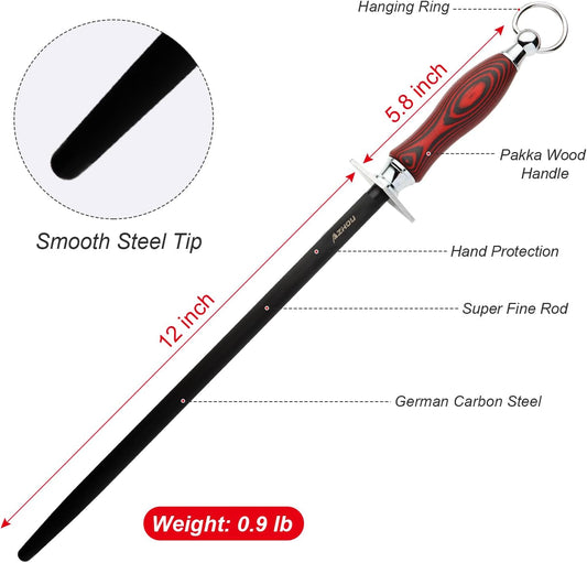 Azhou 12" Professional Knife Sharpener Steel Rod - High Carbon Steel (HRC 63), Fine 200 Grit for Kitchen & Chef Knives, Easy to Use with Non-Slip Wooden Handle & Gift Box