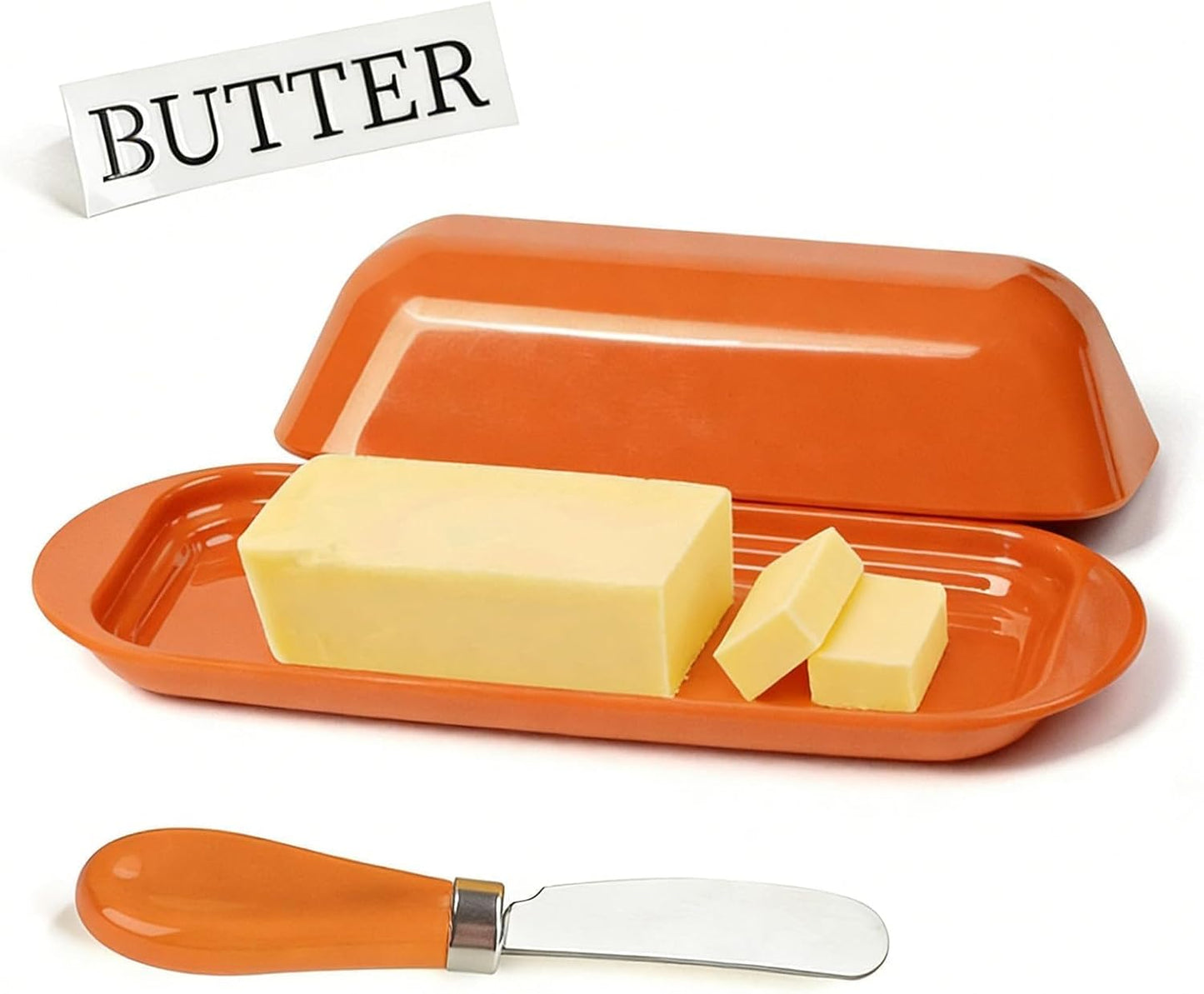 BPA-Free Melamine Butter Dish with Lid & Stainless Steel Knife - Farmhouse Butter Keeper for Countertop & Refrigerator, Dishwasher Safe, Holds 1 Stick with East & West Coast Butter-Cream
