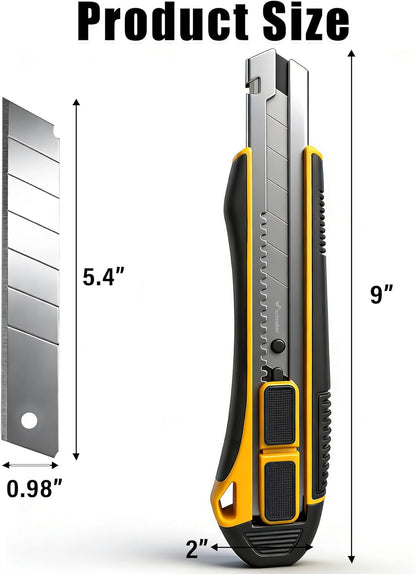 2-In-1 Safety Utility Knife 2 Pack Heavy Duty Retractable Box Cutter Set with 4 extra Wide 25mm Razor Sharp Blades for Cardboard, Boxes, DIY Crafts