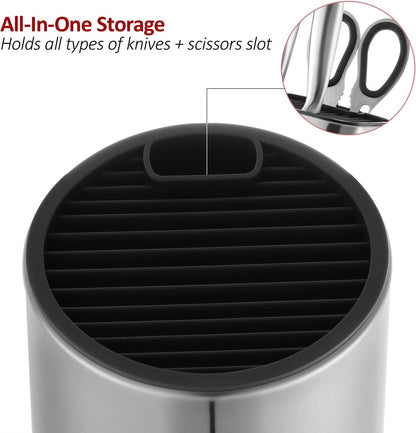 Laxinis World Universal Knife Block, Stainless Steel Round Knife Holder with Scissors-Slot, Counter-top Storage, Holds 12 8.5”-Blade Knives, 9” by 4.5” (knives not included)